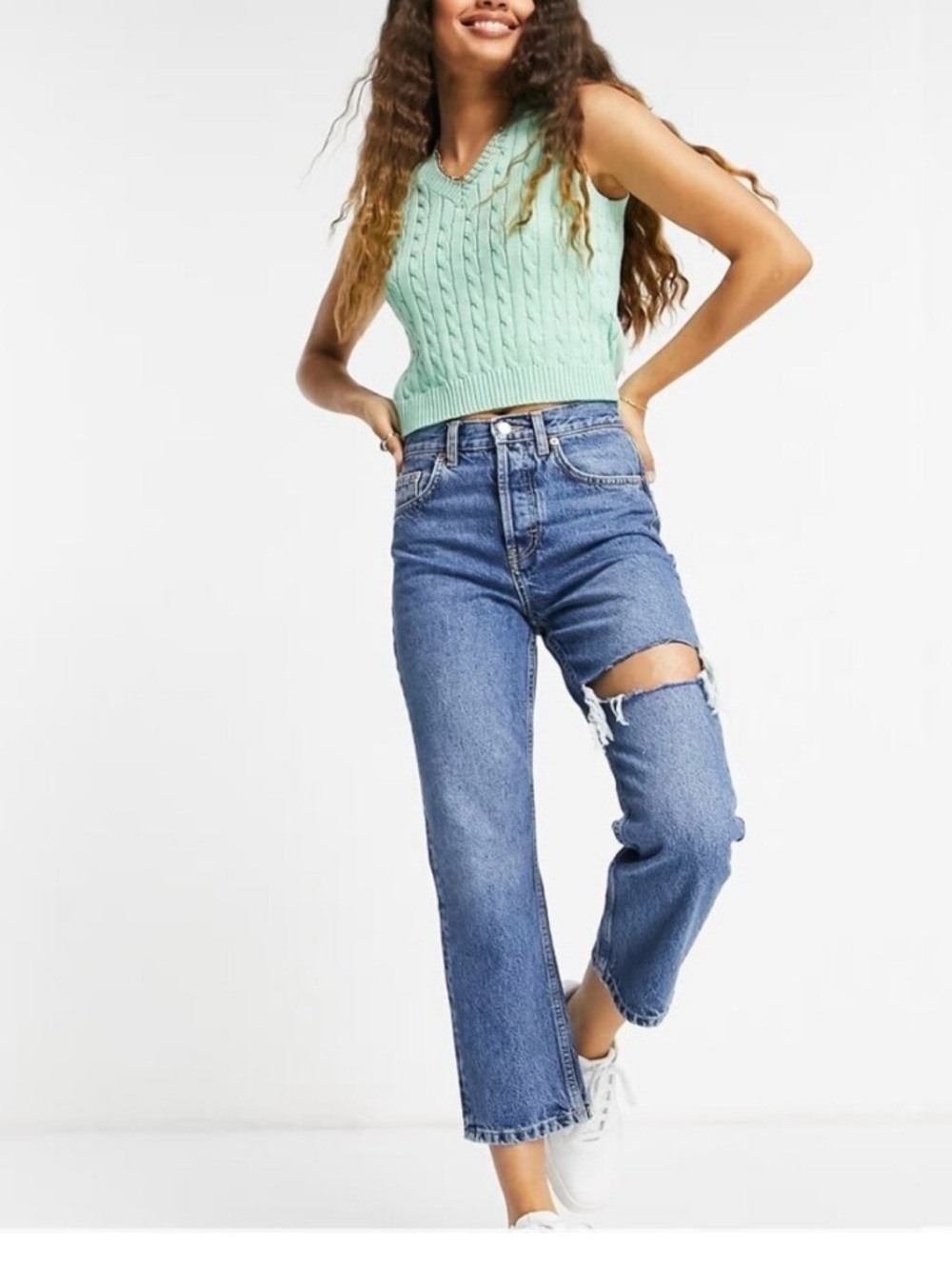 Topshop Light Blue Straight Leg Jeans with Knee Rip